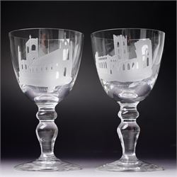 Set of six limited edition etched Caithness goblets, depicting the Abbeys of Yorkshire, no 1/100 with original box and certificate of authenticity