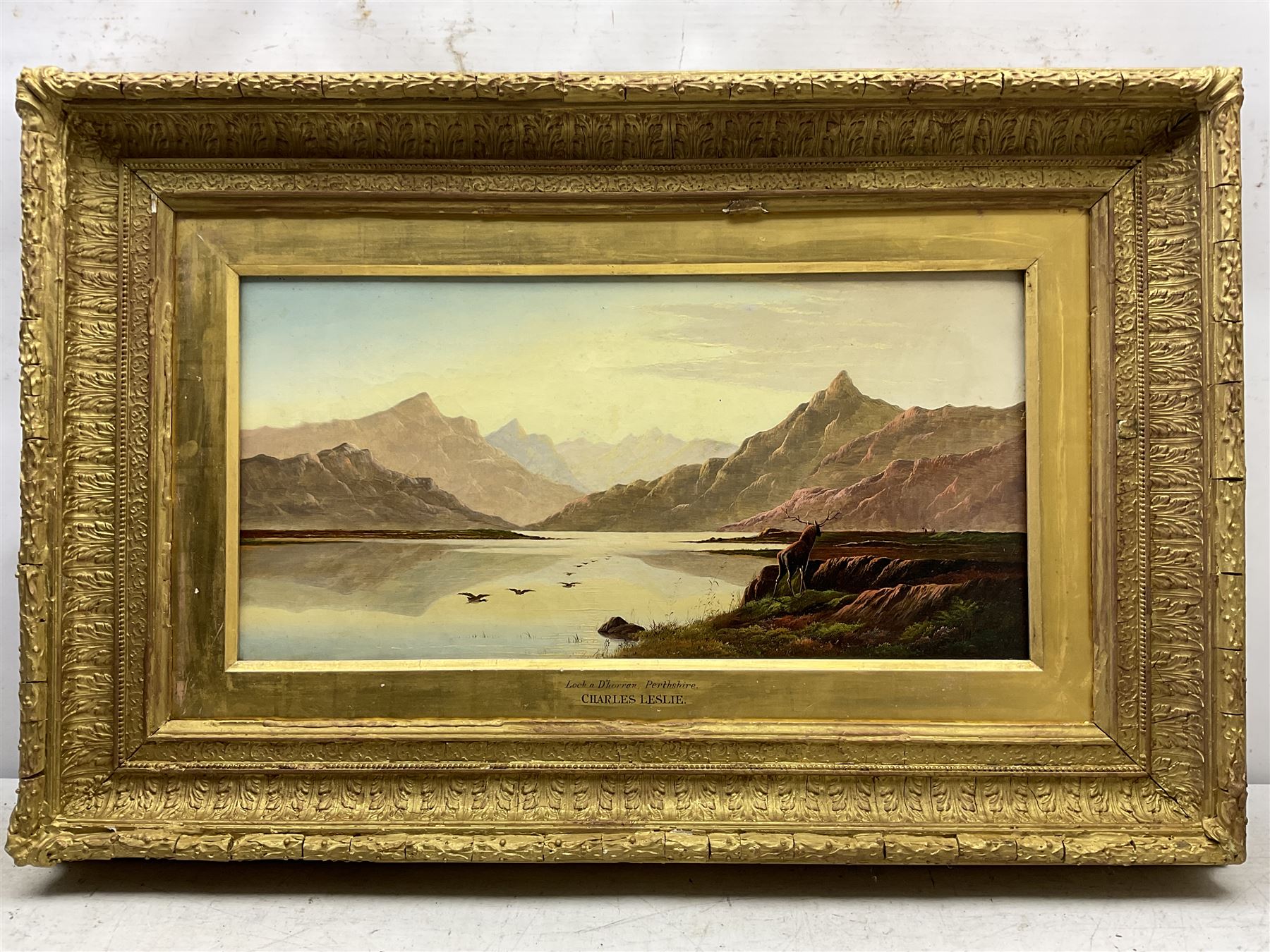 Charles Leslie (British 1839-1886): Stag on the Lochside, oil on canvas unsigned 30cm x 60cm