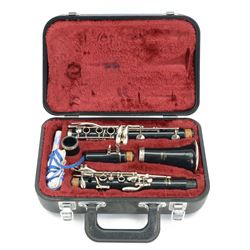 Yamaha- Japanese YCL B-flat Clarinet with silvered keys and mounts in a lined hard case. 