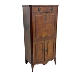 Early 19th century walnut secrétaire, rectangular top above full width drawer, hinged writing surface with green leather inset enclosing small drawers and shelves, lower section fitted with double cupboard enclosing additional shelves and drawer, raised on bracket feet with scalloped apron