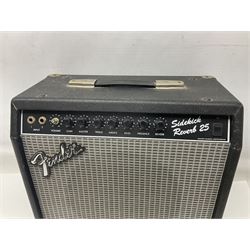 Aria Sinsonido mahogany electric travel guitar, serial no.0502385 L86cm; in original gig bag with earphones and GM11 Minituner; together with Fender Sidekick Reverb 25 amplifier and Marshall MG Series 15DFX amplifier (3)