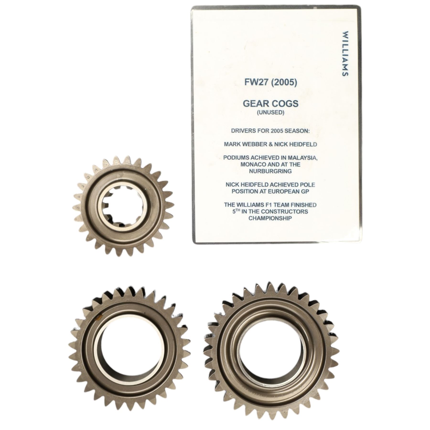 F1 memorabilia - Williams FW27 (2005) Gear Cogs, unused, Drivers for the Season Mark Webber and Nick Heidfeld