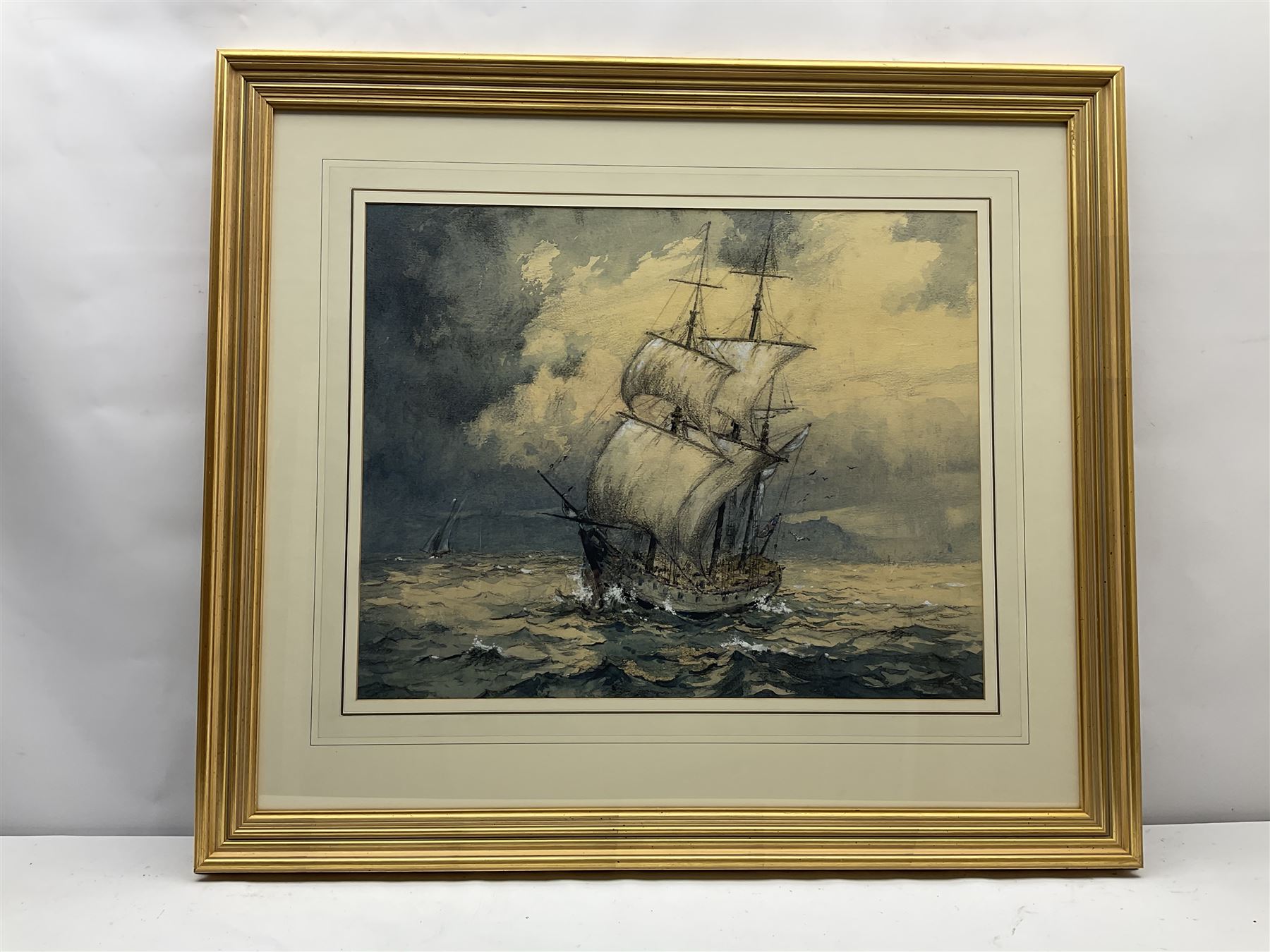 Robert Leslie Howey (British 1900-1981): Sailing Vessel off Whitby, charcoal and watercolour heightened in white signed 49cm x 62cm