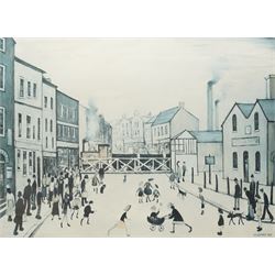 Laurence Stephen Lowry RBA RA (Northern British 1887-1976): 'Level Crossing - Burton-on-Trent', print in colours signed in pencil with Fine Art Trade Guild blindstamp 44cm x 58cm
