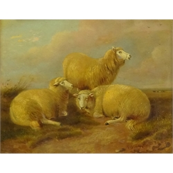  T S Cooper (British 1803-1902): Sheep in open Landscape, oil on mahogany panel signed and dated 1871, 19cm x 24cm   