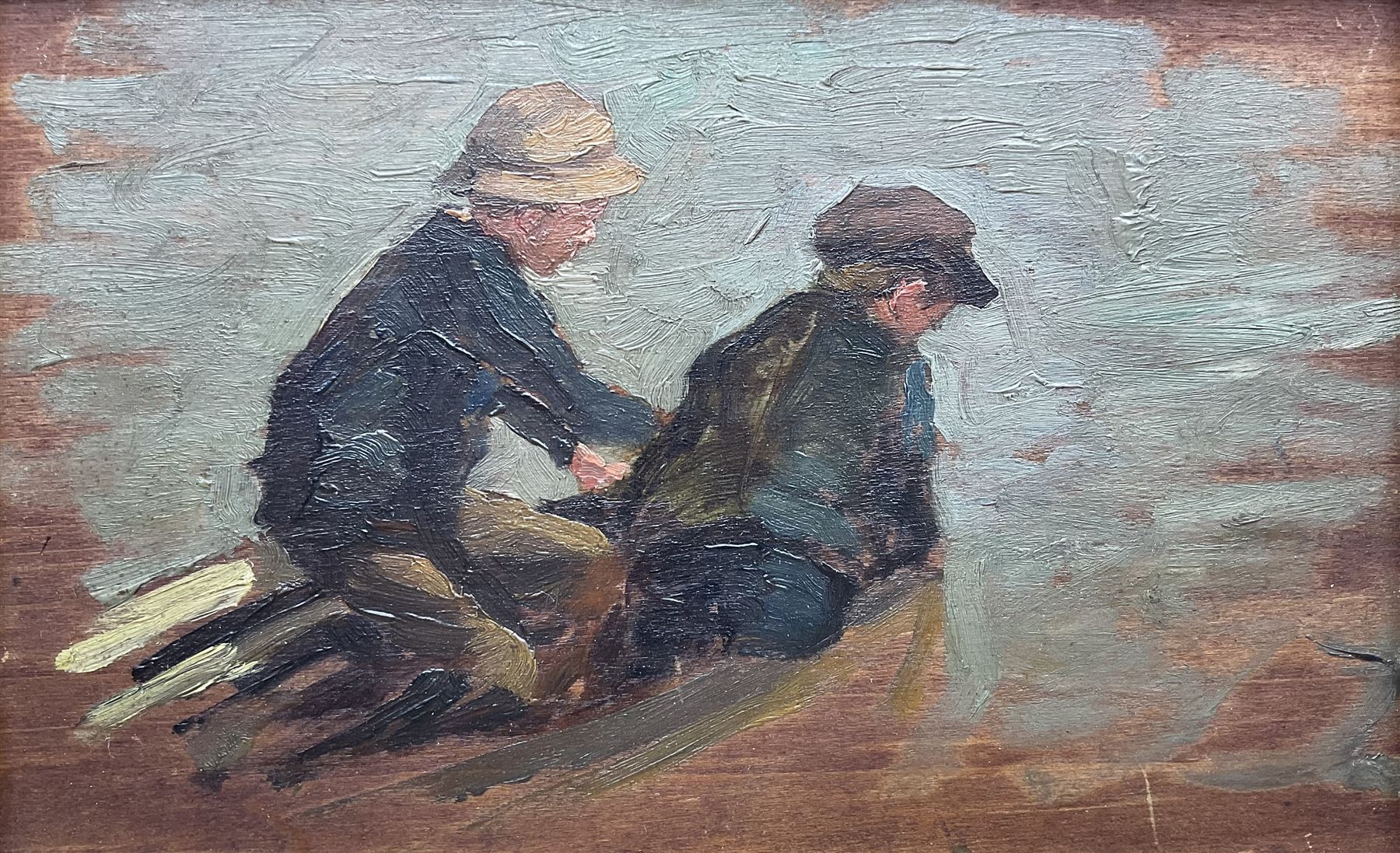 Attrib. Henry Scott Tuke RA RWS (British 1858-1929): Two Boys on the Prow of a Boat, oil sketch on panel unsigned, with further sketches verso 12cm x 19cm 
Notes: for comparable sketches on panels of a similar size, see works in The Tuke Collection, Royal Cornwall Polytechnic Society. Tuke often painted on both sides, leaving areas of panel exposed.