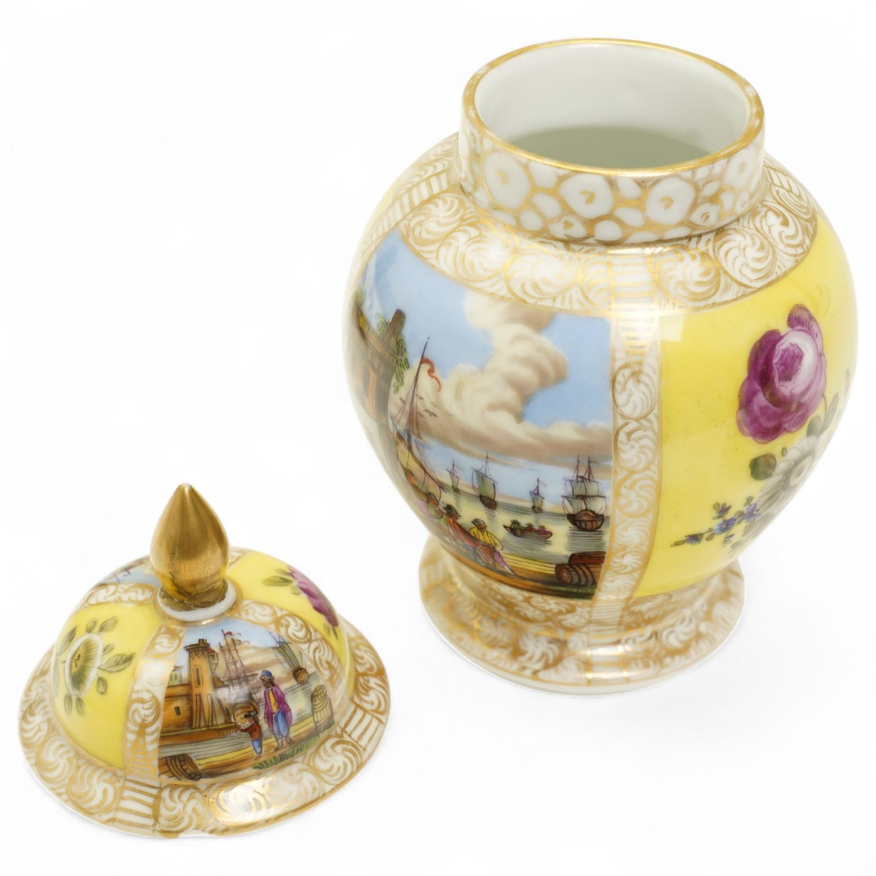Helena Wolfsohn Dresden porcelain quatrefoil twin handled chocolate cup and stand, painted with panels of courting couples and floral sprays on a yellow ground, together with another Wolfsohn cup and saucer of the same design, and a similar continental vase decorated with shipping and town scenes, all marked to base, chocolate cup H8cm 
