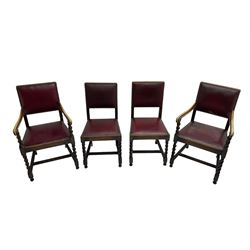 Set four early 20th century oak barley twist dining chairs, upholstered in burgundy leather with stud work, two carvers and two side chairs