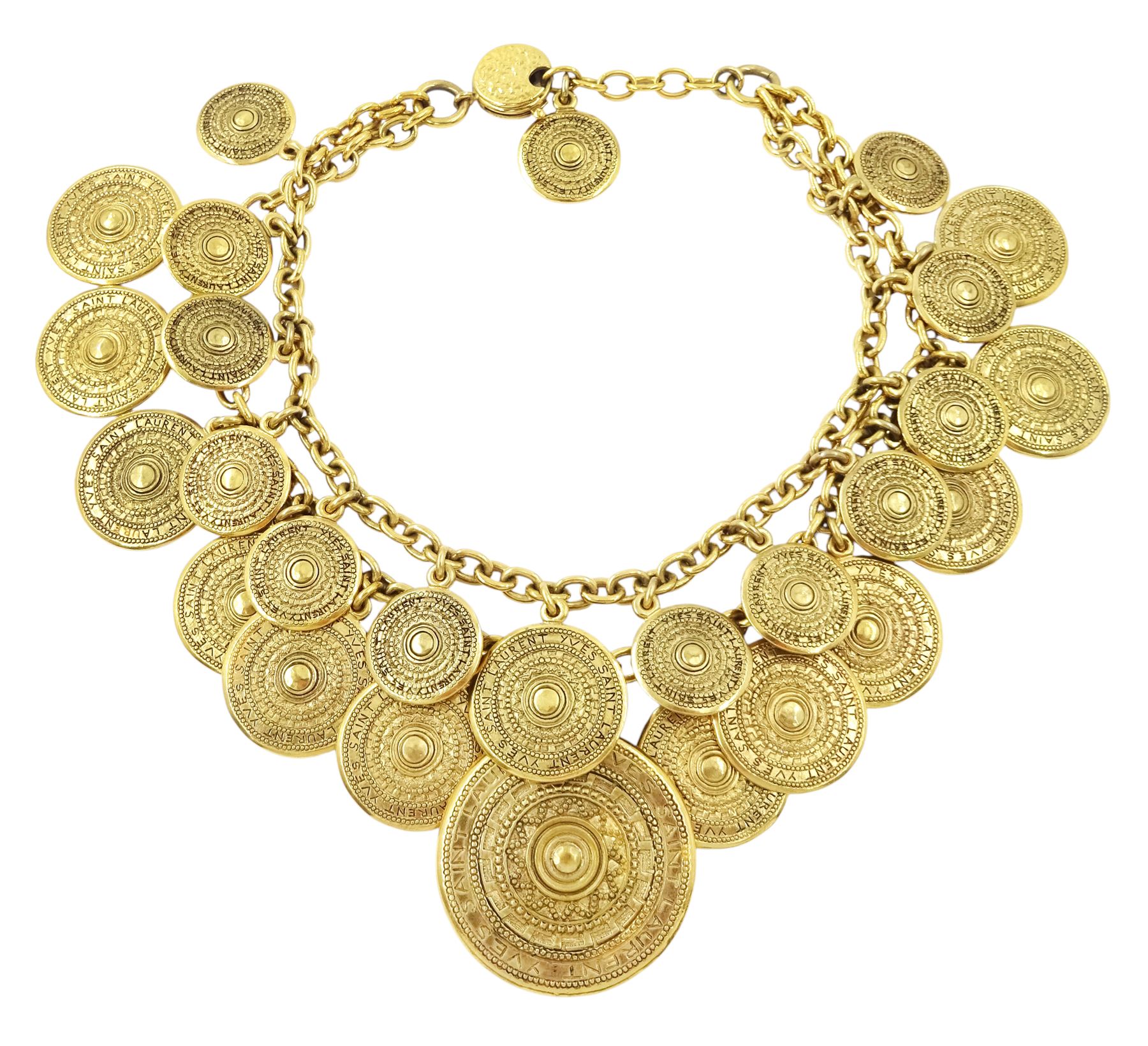 Yves Saint Laurent gilt metal two-tier necklace, with textured medallion charms 