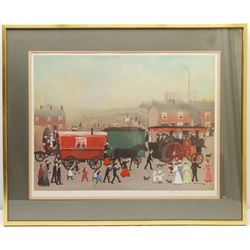 Helen Layfield Bradley (British 1900-1979): 'Big Bertha Comes to Lees', limited edition colour print signed in pencil 45cm x 60cm