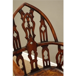  19th century 'Strawberry Hill' yew and elm Windsor chair with Gothic arched back and splats, shaped arms on curved supports, dished seat, later beech cabriole legs with pad feet, crinoline stretcher  