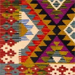 Afghan Maimana flatweave kilim, central field features large bold nested diamond motifs and stylized geometric lozenge patterns on olive purple, blue, and green tone ground, border stripe in teal ground, and fringe