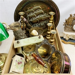 19th century French gilt spelter mantel clock, white enamelled dial, flanked by figures, set on an alabaster plinth, bankers lamp, ornate easel mirror, brass candlesticks, Victorian bras jam pan and other metal wares in one box