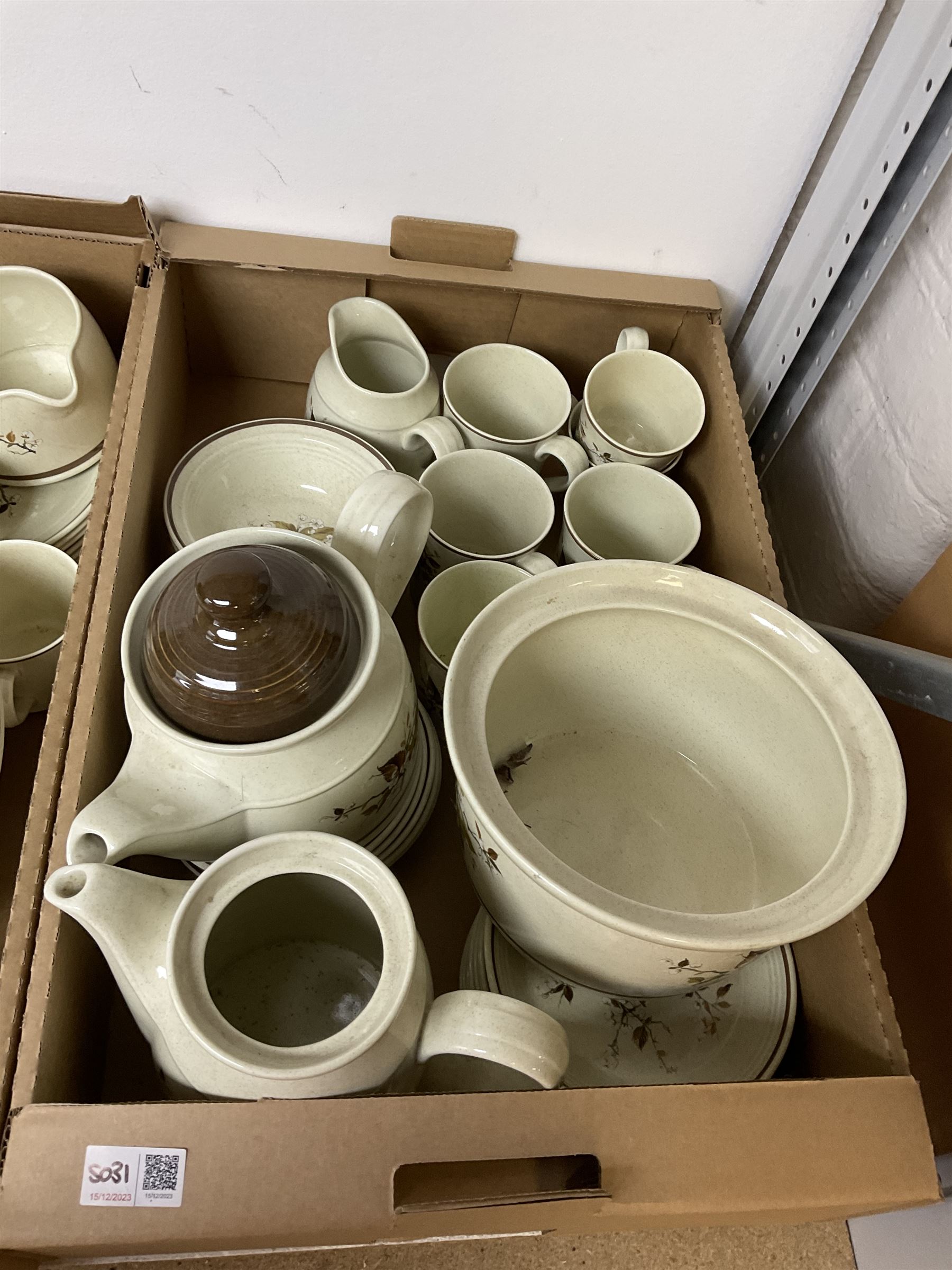 Minton Shalimar pattern tea wares, including teapot, cake plates, cups, saucers and larger plate, together with Paragon Country Lane pattern teawares and Royal Doulton Wild Cherry pattern tea and dinner wares, in three boxes 