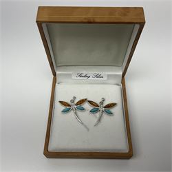 Pair of silver Baltic amber and turquoise dragonfly pendant stud earrings, stamped 925, boxed