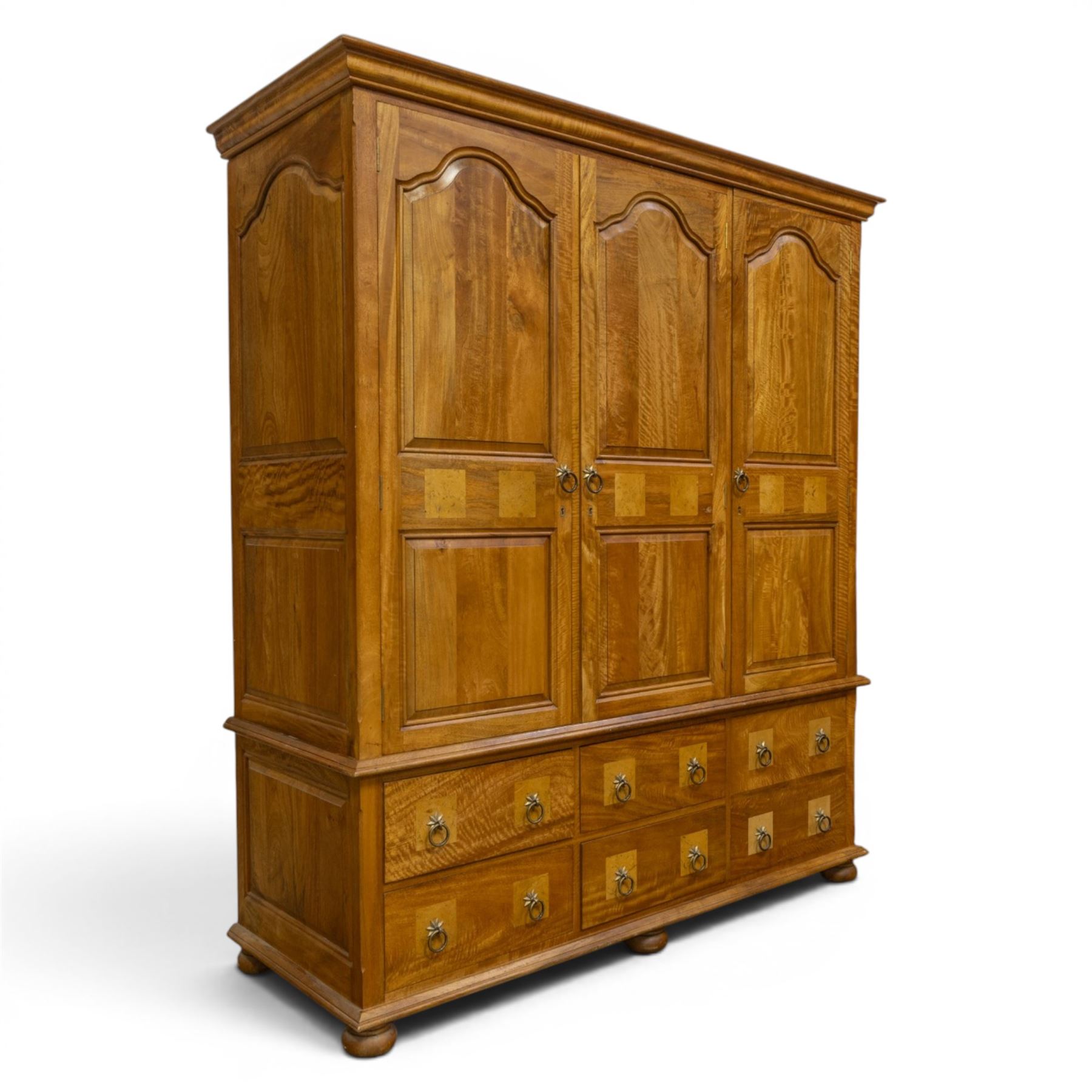 Barker & Stonehouse - contemporary flagstone and mango wood triple wardrobe and bedside cabinet, triple wardrobe with double doors revealing a full length wooden hanging rail, flanked by a cupboard with shelved interior, raised on a base with cupboard and drawers, turned bun feet
