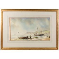 David C Bell (British 1950-): Two Boats Moored on Robin Hood's Bay, watercolour signed 34cm x 61cm