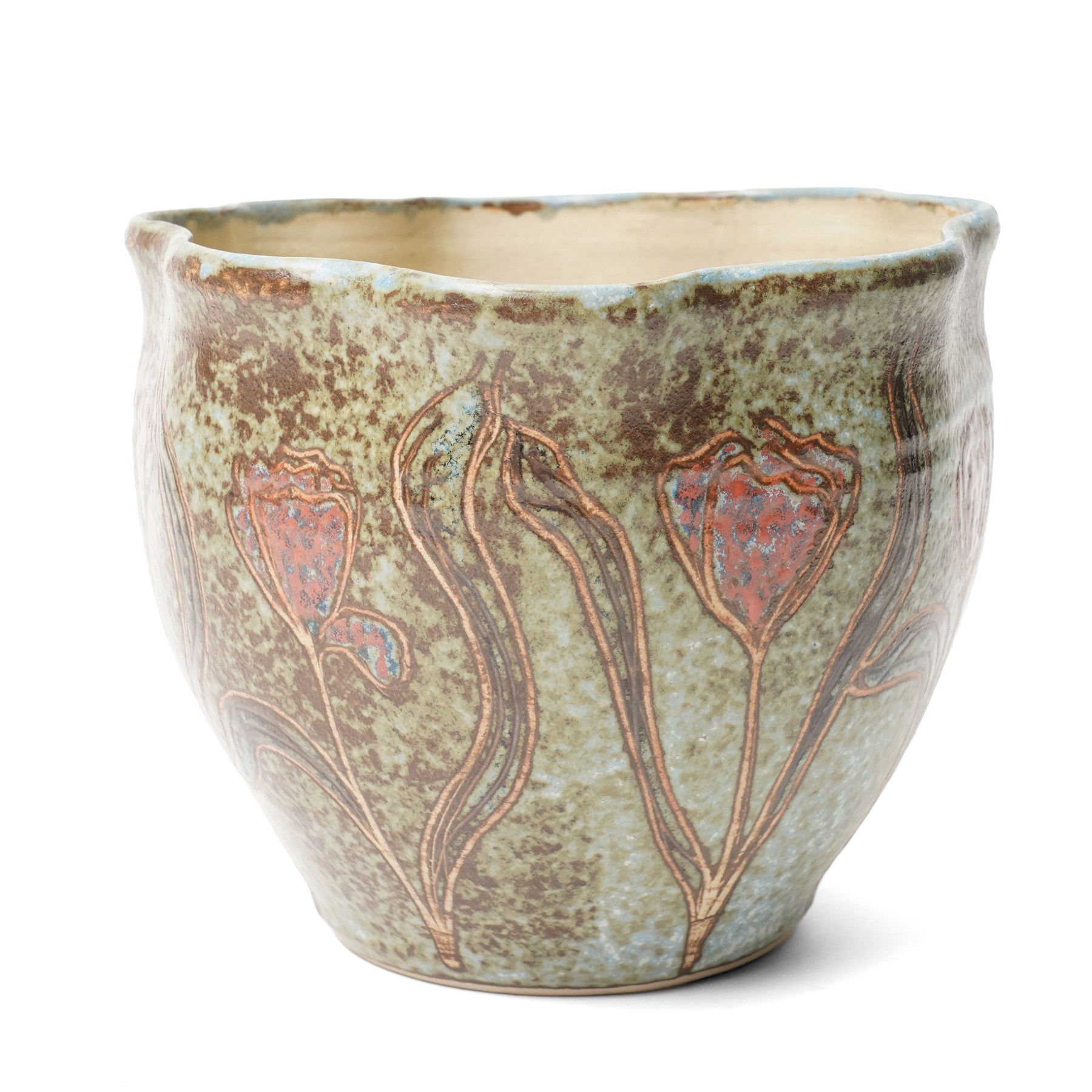 John Egerton (c1945-2024): Stoneware planter, decorated with carved flower motif, mottled blue background and scalloped rim, marked beneath, H18cm
