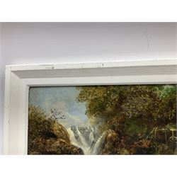 E Fraser (Scottish 19th century): Picnic Next to Roaring Waterfall, oil on board signed and dated 1884, 29cm x 44cm