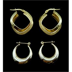 Pair of gold textured and polished hoop earrings and one other pair, both 9ct
