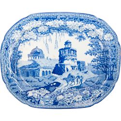Three 19th century John Rogers & Son blue and white transfer printed Monopteros pattern meat platters, two impressed 14 and a smaller example impressed 12 verso, largest W37cm