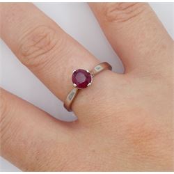 Platinum ruby ring, four claw set with a single oval cut ruby of approx 1.00 carat hallmarked