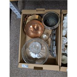 Ringtons Ironstone jug, Minton Haddon Hall planter, cloisonne vase, silver plate ice bucket, large cut glass bowl and a collection of other collectables, in two boxes