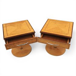 Art Deco style pair of walnut bedside tables, quarter matched veneered tops with crossbanded borders, fitted with single frieze drawers with chrome handles, on circular pedestal supports