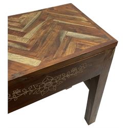 Joe Browns - hardwood lounge set; rectangular coffee table fitted with two drawers and under-tier (114cm x 50cm, H46cm); console table fitted with two drawers (W110cm, H76cm, D40cm); and a side table fitted with single drawer (W55cm, H66cm, D42cm)