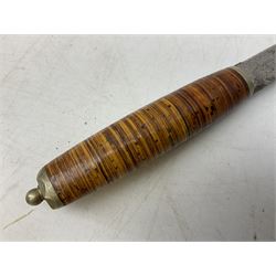 Norwegian staksniv hunting knife with 10cm single-edged steel blade in tooled leather sheath with nickel mounts L23cm overall