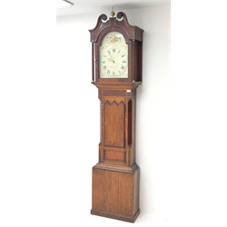 Early 19th century oak and mahogany banded longcase clock, stepped arch convex Roman dial signed 'A. Shepperley, Nottingham' and painted with flowers, 30-hour movement striking on bell, the figured trunk door with triple pointed arch, canted corners with boxwood stringing, H223cm (with weight and pendulum)