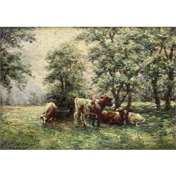 John C Gray (Scottish 1873-1958): Cattle Grazing, oil on canvas signed and dated 1915, 24cm x 34cm 
Notes: Gray, a Dundee artist, was born without arms and painted by holding a brush between his teeth and toes. 