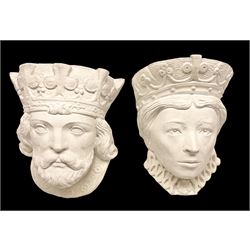Pair of concrete wall planters in the form of a medieval King and Queen, painted white, L28cm