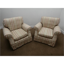  Two seat sofa upholstered in cream and pink striped loose covers (W145cm) and two matching armchairs (W97cm)  