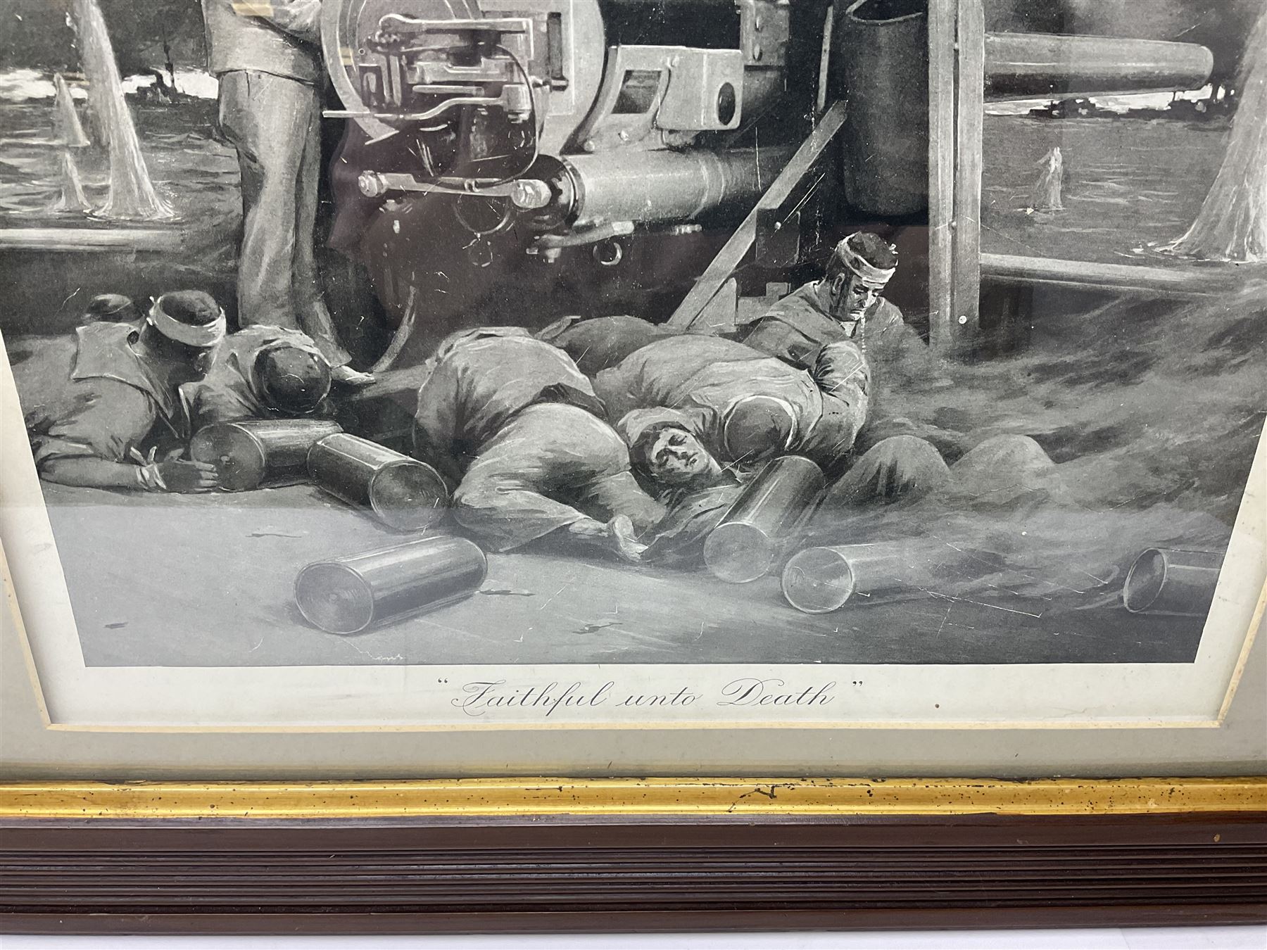 WW1 photogravure print depicting the VC action of Boy (1st Class) John Travers Cornwell mortally wounded in the Battle of Jutland May 31st 1916 34 x 41cm, walnut frame; and WW1 colour print entitled 'England's 1914-1919 Call' in simulated rosewood frame (2)