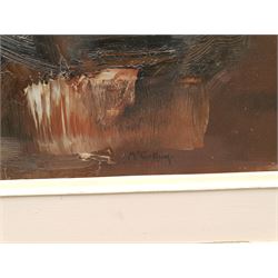 Roy McCallum (British 20th century): 'Vanity' - Abstract Roosters, impasto oil on board signed, titled and signed verso 51cm x 79cm