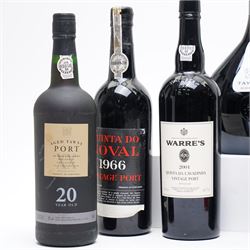 *One bottle of Quinta Do Noval Vintage Port 1966, unknown contents and proof; one bottle of Justino's Madeira 10 years old, 750ml, 19% vol, one bottle of Taylor's Reserve Tawny Port, limited edition, one litre, 20% vol, one bottle of Taylor's LBV Port 2001, 75cl, 20.5% vol, boxed and three other bottles of PortFrom the Kirkham Hall Attic & Cellar Collection, sold without reserve