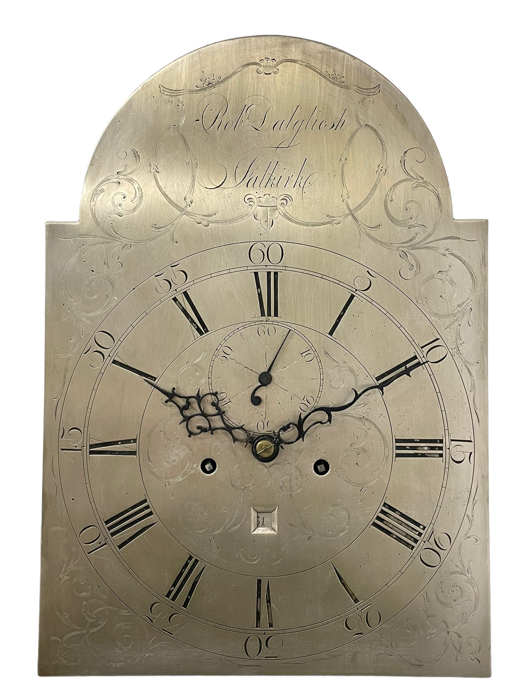 Robert Dalgliesh of Falkirk – Early 19th century 8-day mahogany longcase clock with a break arch pediment and conforming hood door, hood with flanking turned pilasters and brass capitals, trunk with canted corners and spire topped door, on a rectangular plinth with applied shaped skirting, silvered sheet break arch dial with engraving to the spandrels and arch, Roman numerals, five minute Arabic’s and matching steel hands, calendar aperture and seconds dial, with a recoil anchor escapement, rack striking movement, striking the hours on a Bell. With weights and pendulum.