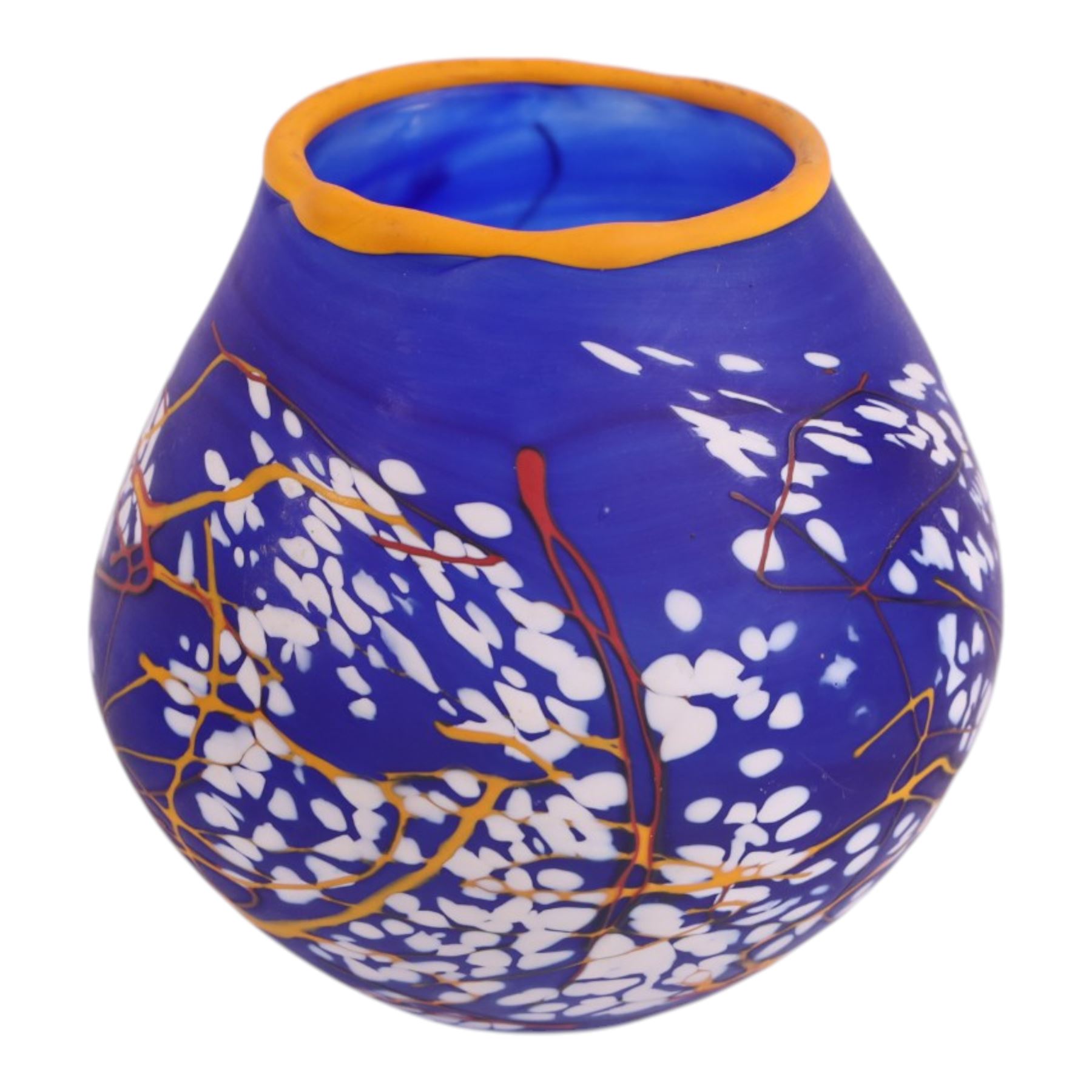 Art glass vases, of squat form with elongated neck, decorated with waves, together with another vase and a glass tray, largest H17cm