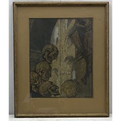 Haydn Reynolds Mackey (British 1881-1979): The Epitaph and the Epilogue, lino cut highlighted in white signed in pencil on the border and monogramed in the image 34cm x 27cm
Provenance: given to the vendor Neil Tyler, a pupil and fellow artist