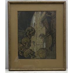 Haydn Reynolds Mackey (British 1881-1979): The Epitaph and the Epilogue, lino cut highlighted in white signed in pencil on the border and monogramed in the image 34cm x 27cm
Provenance: given to the vendor Neil Tyler, a pupil and fellow artist