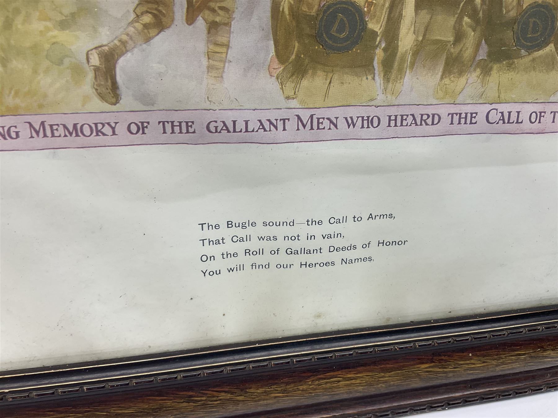 WW1 photogravure print depicting the VC action of Boy (1st Class) John Travers Cornwell mortally wounded in the Battle of Jutland May 31st 1916 34 x 41cm, walnut frame; and WW1 colour print entitled 'England's 1914-1919 Call' in simulated rosewood frame (2)