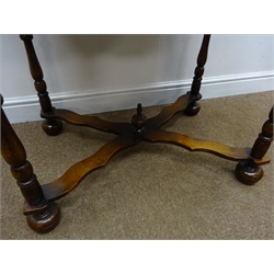  Georgian style oak side table, moulded top, single drawer, turned supports joined by shaped stretcher, bun feet, W82cm, H74cm, D54cm  