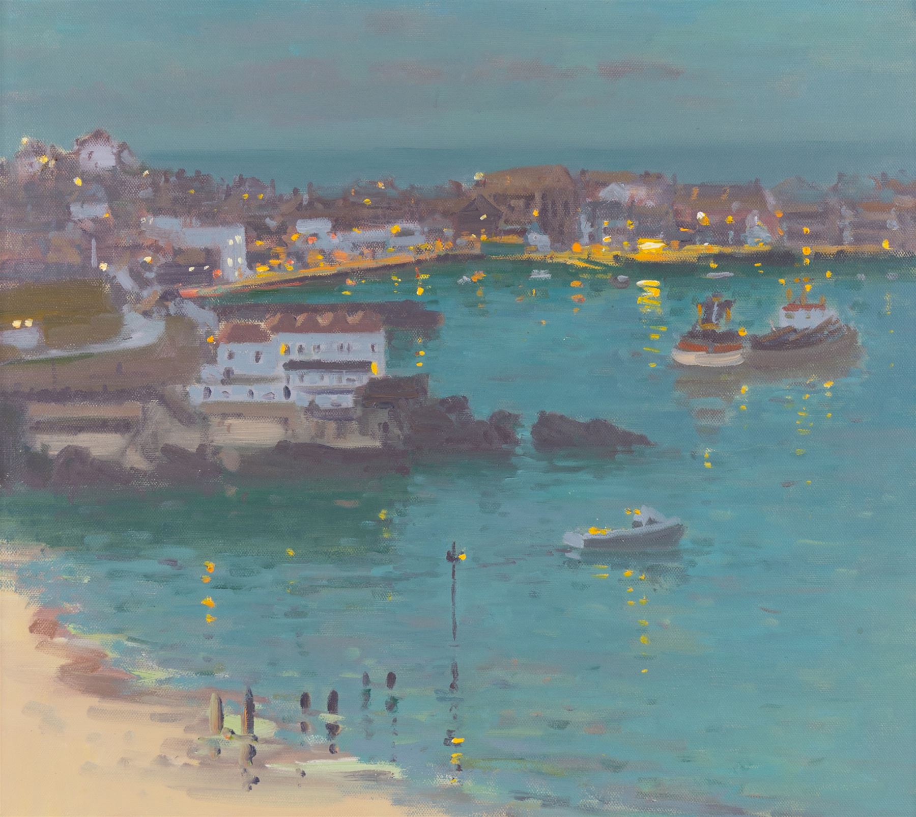 Douglas Hill (British 1953-): 'November Evening - St Ives', oil on canvas, signed titled and dated '94 verso with a small preparatory ink sketch 40cm x 45cm