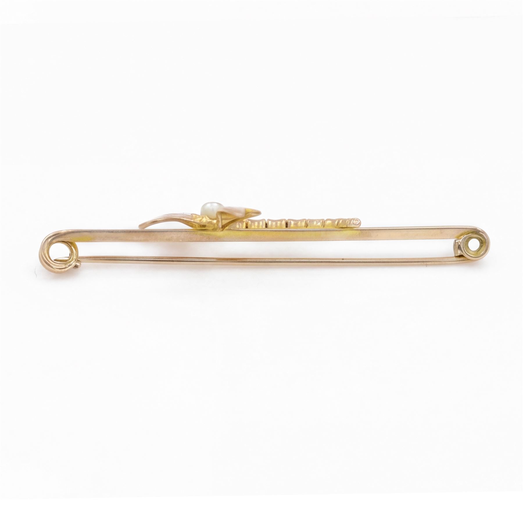 Early 20th century rose gold dragonfly bar brooch, set with a single white / cream pearl, stamped 9ct