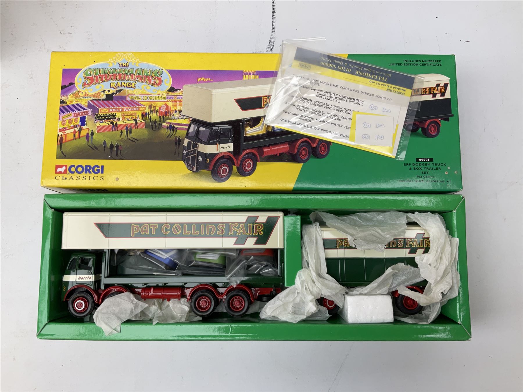 Corgi Showman's Range - thirteen die-cast models comprising 06601, 09901, 12601, 15901, 16101, 16501, 16502, 21701, 24401, 24801, 27602, 27801 and 31012 (Boxing Set); together with Corgi Classics No.31702 ERF Box Van, Showman's Caravan and VW Van; all boxed (14)