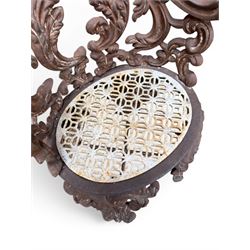 19th century Rococo Revival cast iron garden chair, pierced back comprised of scrolling acanthus leaves, over a pierced geometric white painted drop-in seat, raised on four acanthus and anthemion shaped cabriole supports united by X-frame stretcher