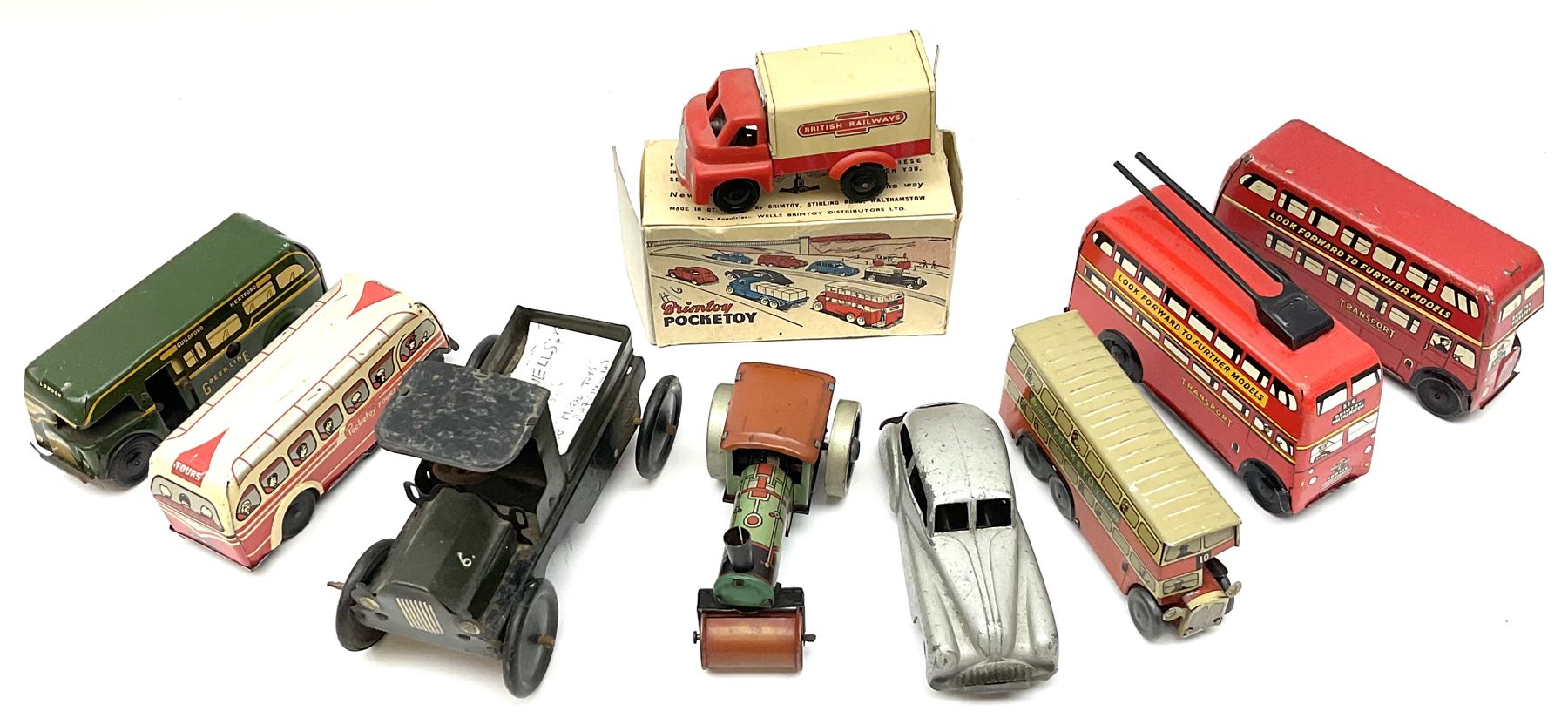 Wells Brimtoy/Pocketoy - eight tin-plate/clockwork or friction-drive vehicles comprising London Trolley Bus, two Double Decker buses, Tour Coach, Greenline Coach, open truck, boxed British railways van and Steam Roller; seven unboxed; and Pocketoy die-cast clockwork saloon car  (9)