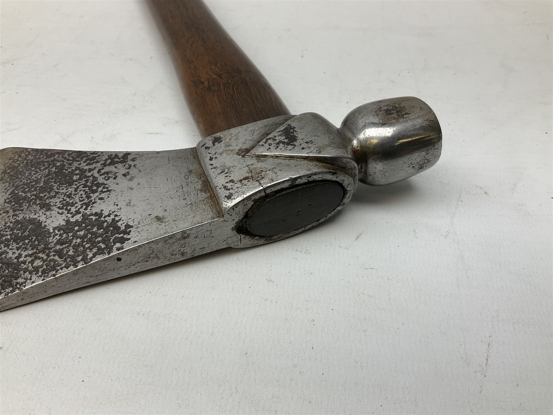 Early 20th century ceremonial Tomahawk pipe, steel axe head with pipe bowl, drilled drawing shaft, 46cm