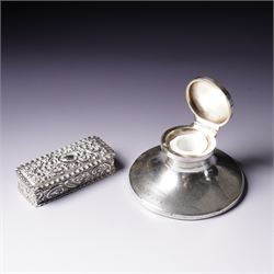 Pair of small silver vases H8cm London 1912, silver circular inkwell Birmingham 1912, cased set of six silver coffee spoons and a small silver dressing table box